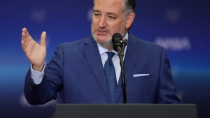 Sen. Ted Cruz, R-Texas, speaks before President Donald Trump arrives at NASA’s Johnson Space Center on Friday, Aug. 28, in Houston.