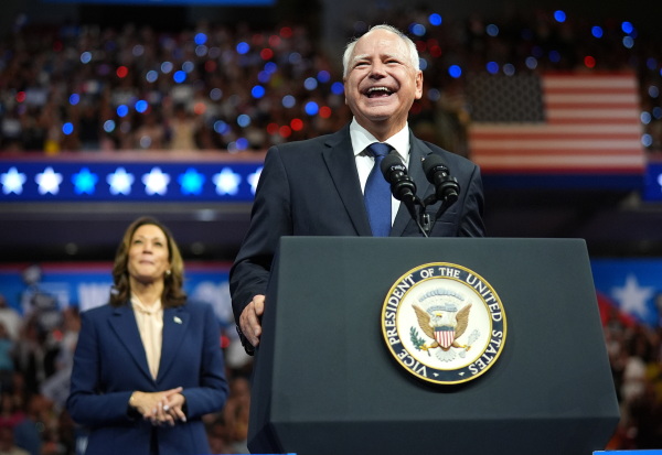 Democratic vice presidential candidate Minnesota Gov. Tim Walz speaks during a campaign rally with Democratic presidential candidate, U.S. Vice President Kamala Harris at the Liacouras Center at Temple University on August 6, 2024 in Philadelphia, Pennsylvania.