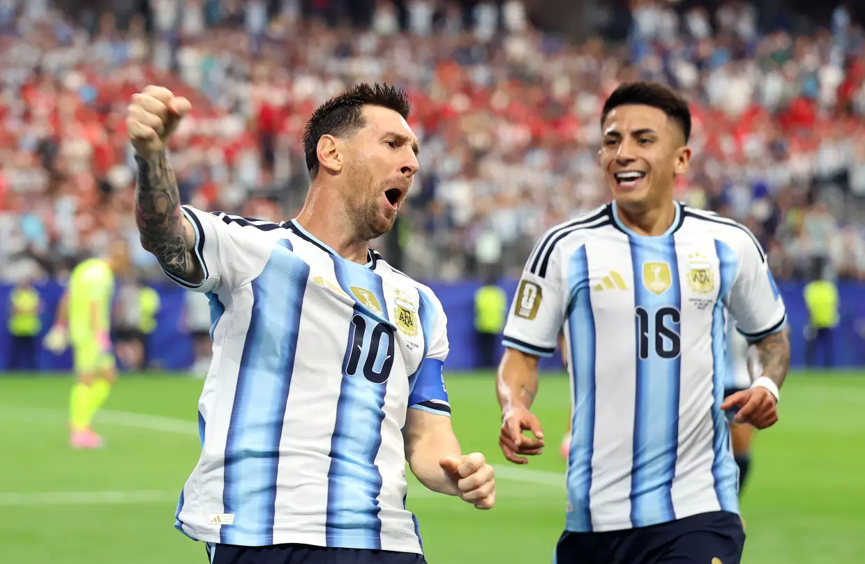 Lionel Messi #10 of Argentina celebrates after scoring his team's first goal during the FIFA World Cup 2026 group match against Austria in Arlington, Texas, on Monday. The goal, his 17th at a World Cup, broke the all-time scoring record for a man. And then he scored a second time.