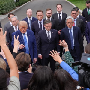 President Donald Trump speaks to reporters at the White House in Washington, Tuesday Sept. 29, 2026, after meeting with top executives of AI firms, as House Speaker Mike Johnson of La., and NVIDIA CEO Jensen Huang listen.