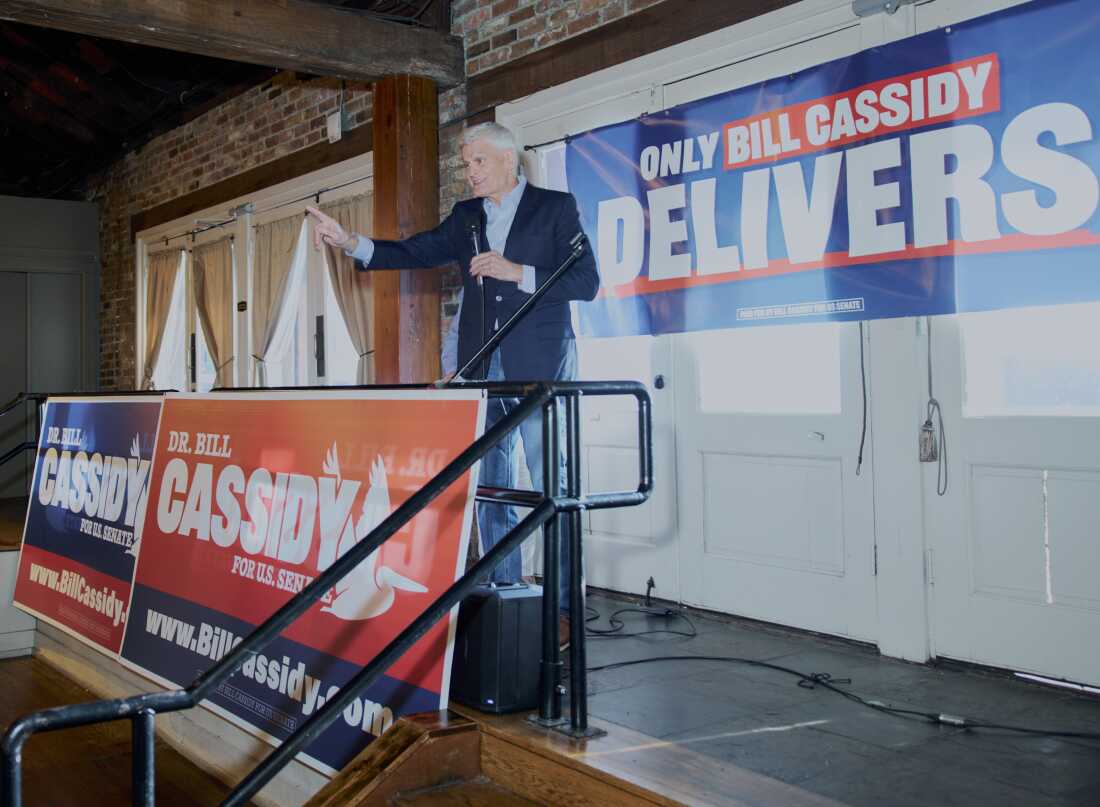 Sen. Bill Cassidy speaks to attendees at a campaign event on May 4, 2026 in Baton Rouge, La. Cassidy is facing two challengers during his reelection bid for a third term.