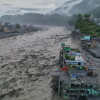 A drone view shows the aftermath of flash flooding along the Trishuli River amid a freshwater surge warning in the Trishuli Bazaar area of Nuwakot district in Nepal on Sunday.