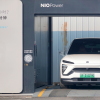 An electric vehicle is seen at NIO battery swap station on March 9, 2025 in Yantai, Shandong Province of China.