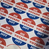 Democrats are trying to rebuild trust among Latino voters, and turning to content creators for help. Above, Spanish language voting stickers which read "He Votado Hoy" ("I Voted Today") at a Philadelphia polling place in 2019.