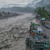 A drone view shows the aftermath of flash flooding along the Trishuli River amid a freshwater surge warning in the Trishuli Bazaar area of Nuwakot district in Nepal on Sunday.