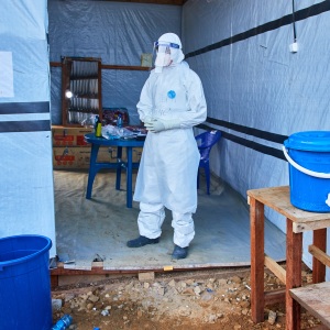 A health worker stands at the Evangelical Medical Center, in Bunia, eastern Congo, Friday, July 3, 2026, where Ebola clinical trials are scheduled to take place.