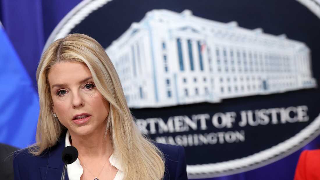 Attorney General Pam Bondi delivers remarks at the Department of Justice on Feb. 6.