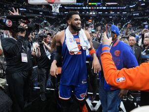 New York Knicks center Karl-Anthony Towns leaves the court after Game 2 of the NBA Finals basketball series against the San Antonio Spurs, Friday, June 5, 2026, in San Antonio.