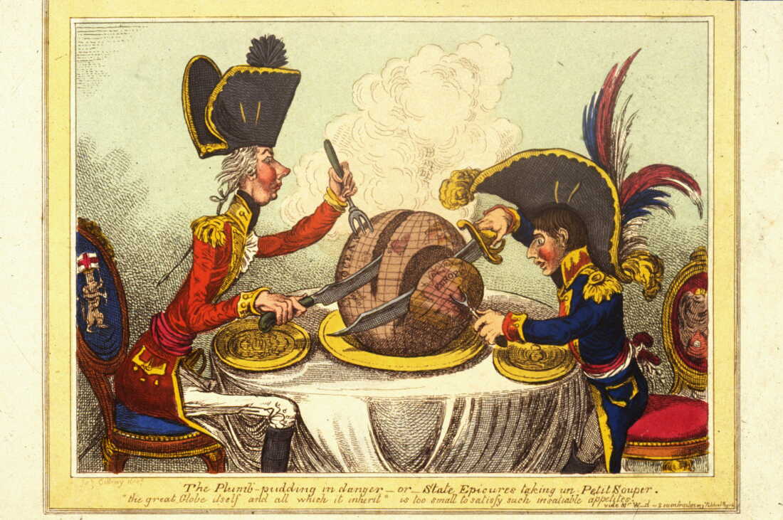 A satirical cartoon by James Gillray, showing British Prime Minister William Pitt and the French leader Napoleon Bonaparte, carving up the world between them. Entitled 'The Plumb Pudding in Danger' - pub. 26th February 1805