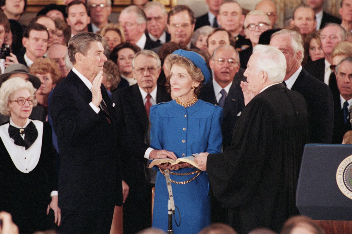 President Ronald Reagan is sworn in by Chief Justice Warren Burger in an Inauguration ceremony in the Capitol Rotunda in Washington, D.C., on Jan. 21, 1985.