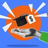This collage shows an outstretched hand with palm up. Floating above it is a graduation cap, and at the end of the tassel on it is a price tag with a dollar sign on it. The image illustrates the concept of financial literacy and education.