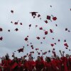 Students toss their mortarboards in the air at a 2018 commencement ceremony at Wesleyan University in Middletown, Conn. 