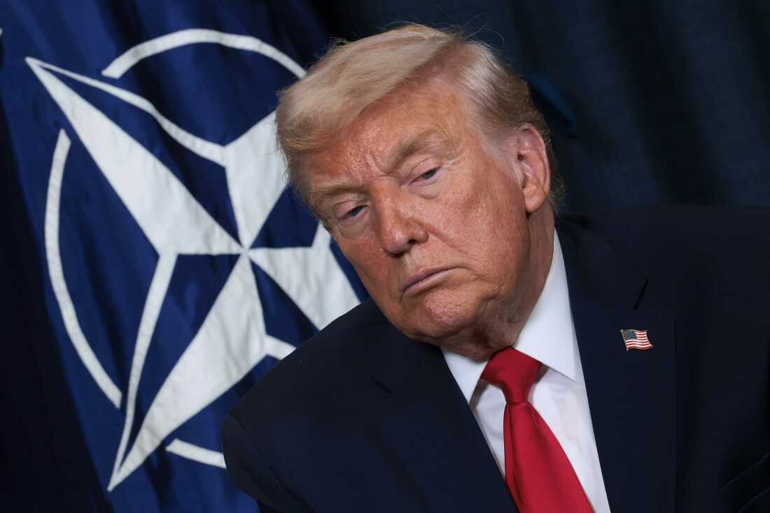 This image shows President Trump photographed from about the shoulders up while he attends a meeting on the sidelines of the World Economic Forum annual meeting on January 21. NATO's logo appears on a dark blue backdrop behind him.