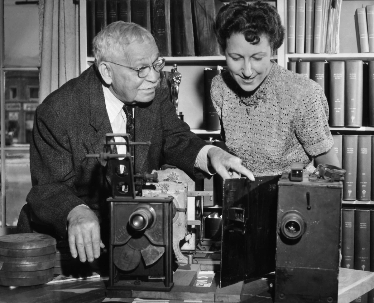 Margaret Herrick, the executive director of the Academy of Motion Picture Arts and Sciences in Hollywood, pictured with film pioneer Col. William Selig in 1947. She also took credit for coining the nickname, apparently after her uncle.