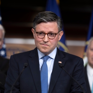 Speaker of the House Mike Johnson, R-La., meets with reporters as Republicans struggle with a plan to address growing health care costs, at the Capitol on Dec. 16, 2025.