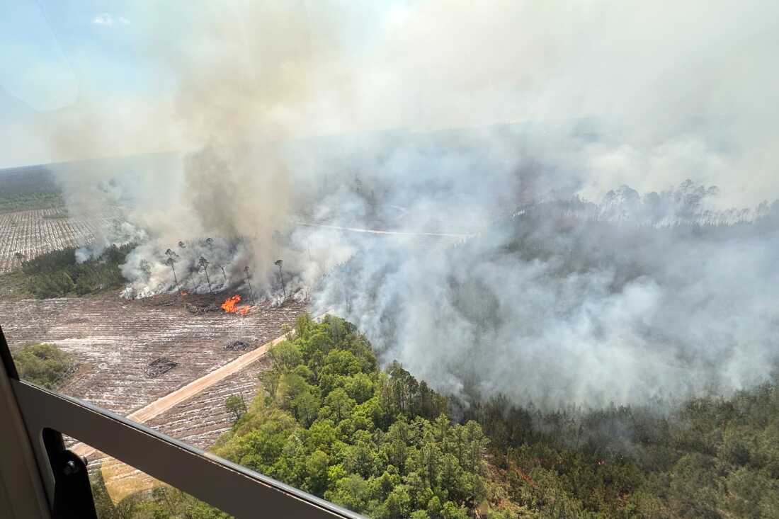 The photo provided by the Office of Gov. Brian Kemp shows smoke produced from a wildfire in Brantley County, Ga., Friday, April 24, 2026.