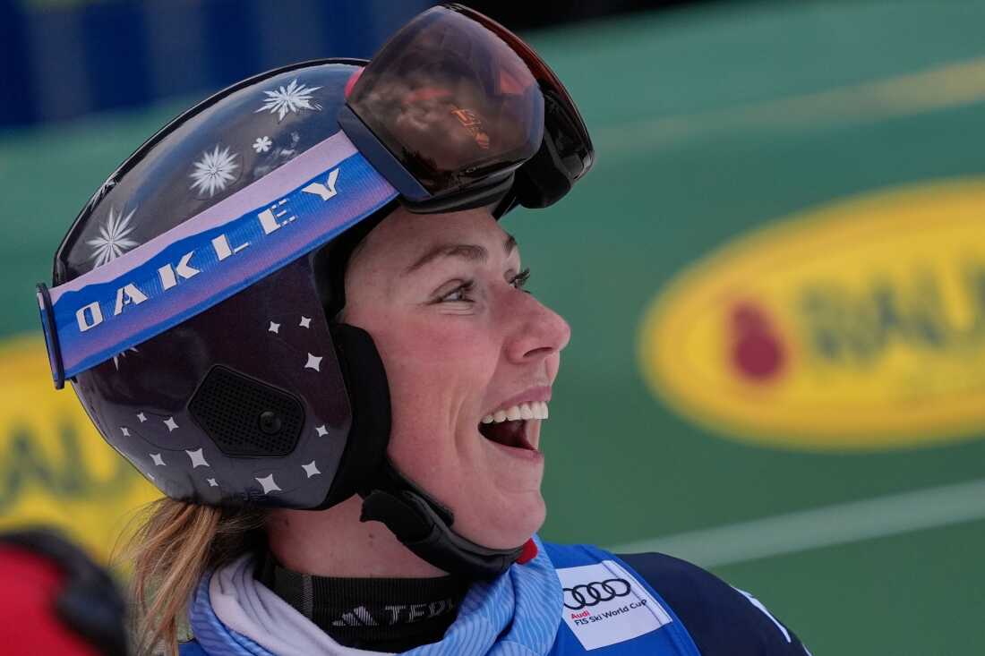 United States' Mikaela Shiffrin at finish line during a women's alpine ski, World Cup giant slalom, in Spindleruv Mlyn, Czech Republic, Saturday, Jan. 24, 2026.