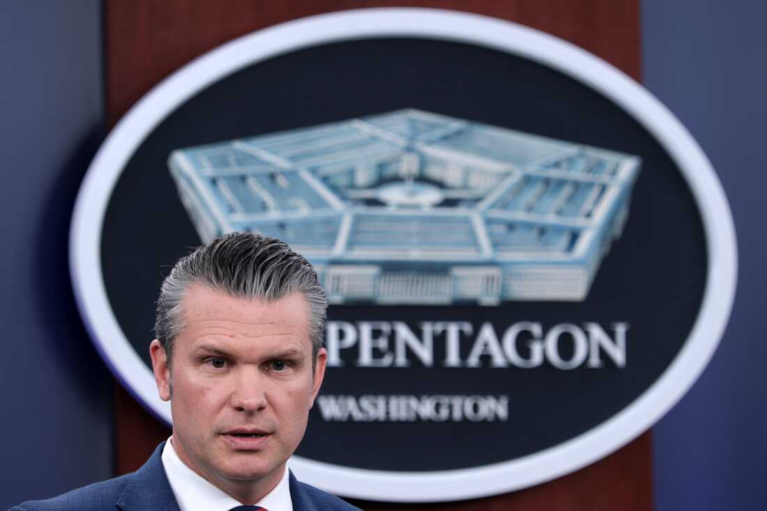 Secretary of Defense Pete Hegseth speaks during a news conference at the Pentagon on March 2, 2026 in Arlington, Va.