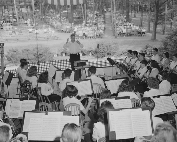A large band rehearses with a conductor at Interlochen in 1942.