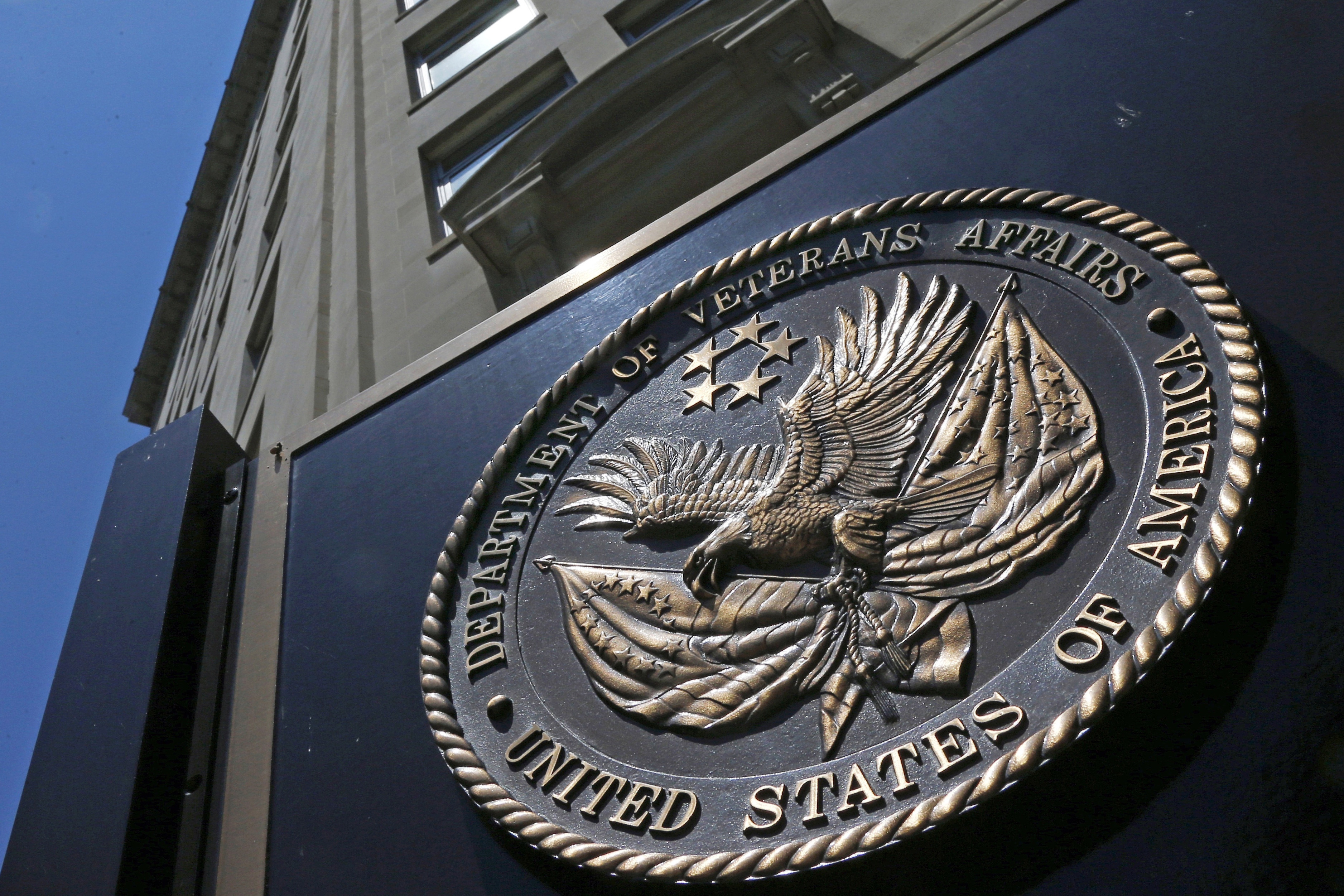 The seal of the Department of Veterans Affairs is seen outside the agency's building in Washington, D.C. The VA says it will no longer offer medical treatment for gender dysphoria to veterans. (AP)