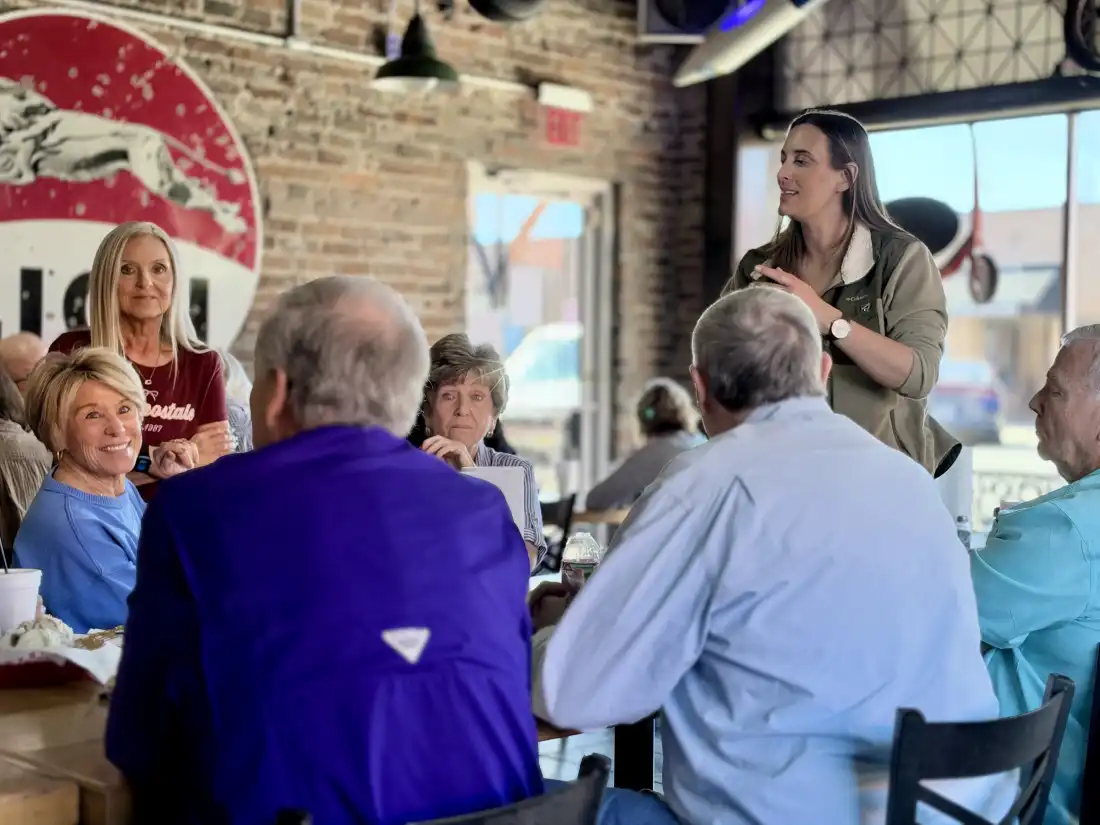 Arkansas Democratic Senate nominee Hallie Shoffner speaks with voters at a campaign stop in Hope, Ark. Friday, Oct. 23, 2026.