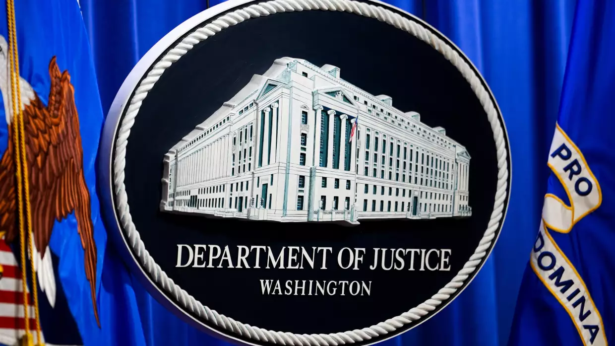 The U.S. Department of Justice logo is before a news conference, Monday, May 4, 2026, in Washington.