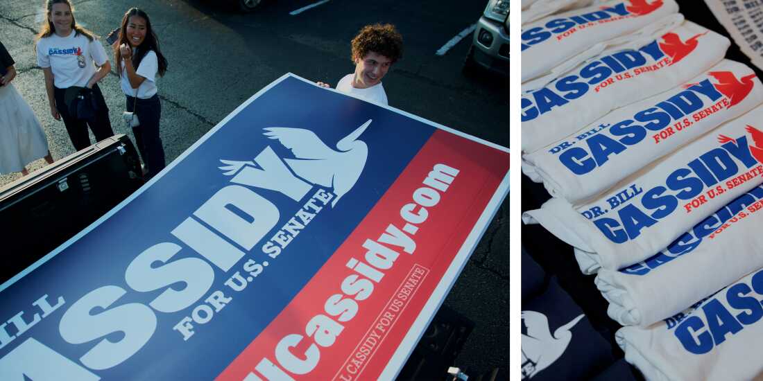 Interns load signs into their trucks after a campaign event in Baton Rouge, La.; t-shirts are seen during the campaign event for Sen. Bill Cassidy.