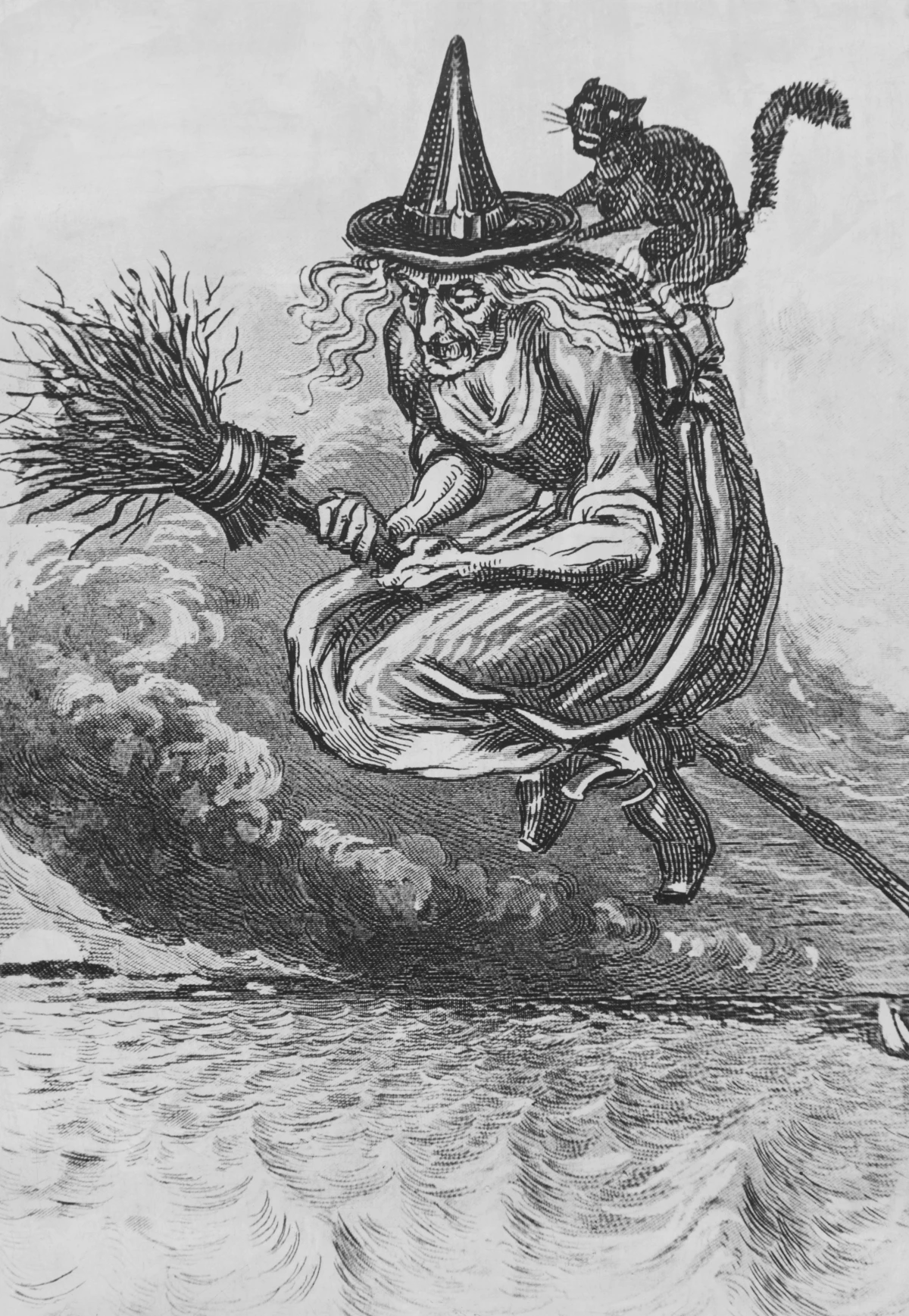 An undated engraving showing a witch and a cat on a broom, from the middle of the 15th century.
