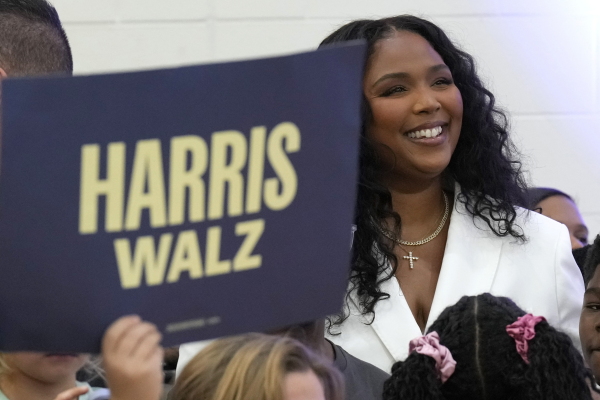 Lizzo attends a campaign event for Democratic presidential nominee Vice President Kamala Harris at Western International High School in Detroit, Saturday, Oct. 19, 2024.