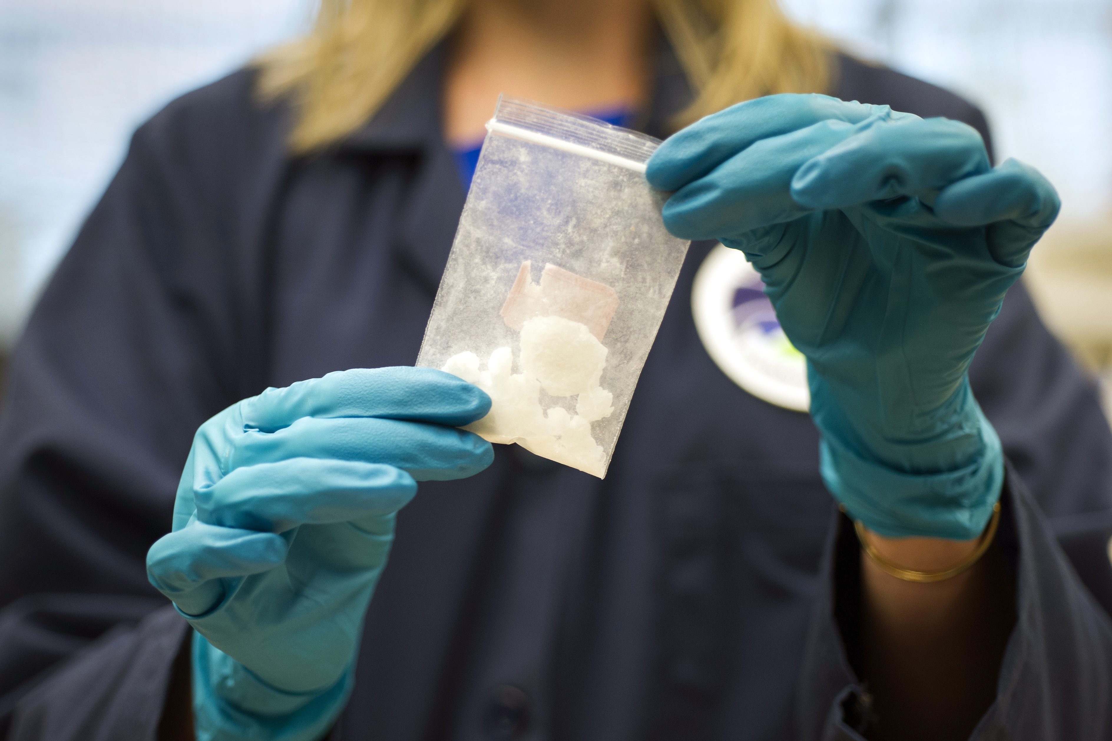 A bag of 4-fluoro isobutyryl fentanyl which was seized in a drug raid is displayed at the Drug Enforcement Administration (DEA) Special Testing and Research Laboratory in Sterling, Va., on Aug. 9, 2016.