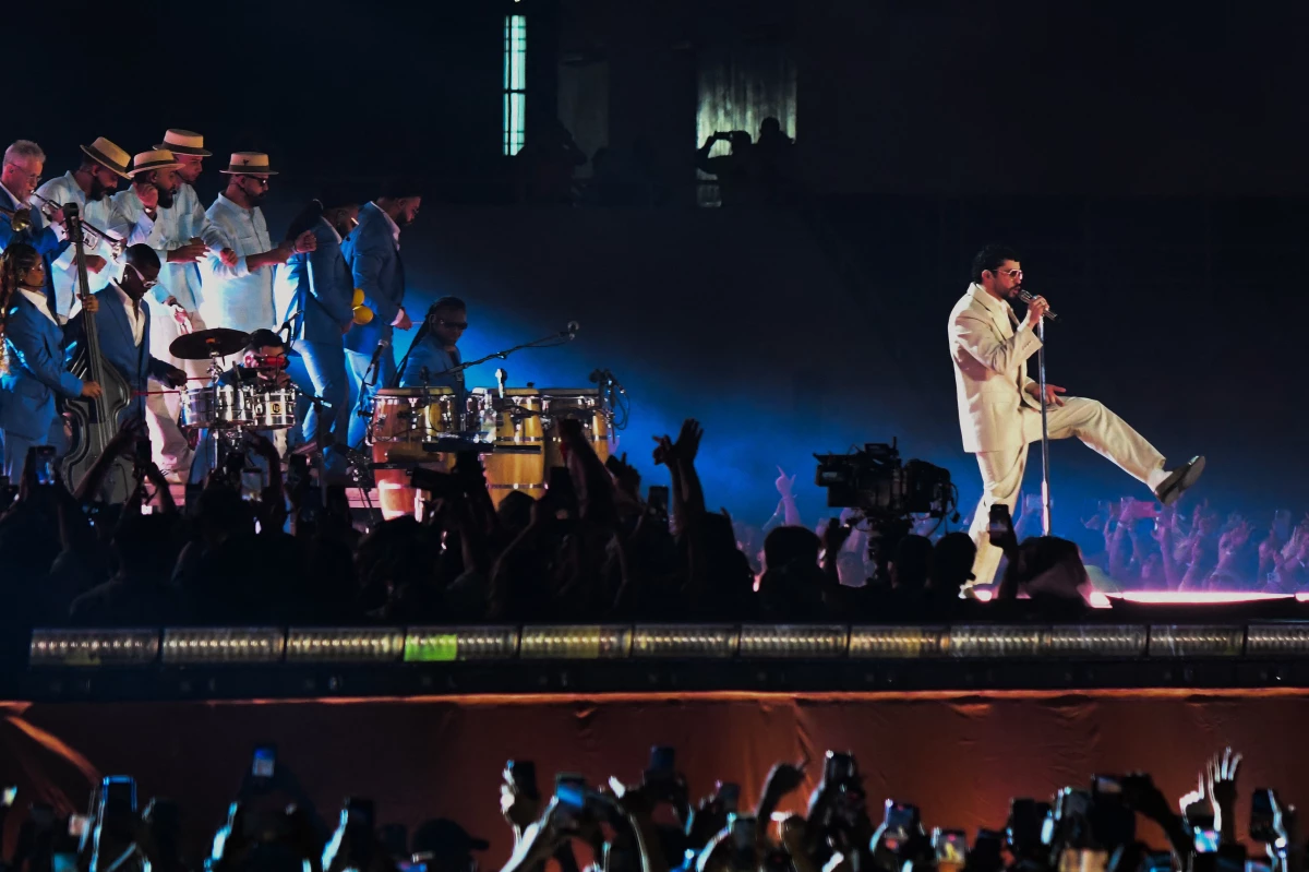 Bad Bunny performs during his 'Debi tirar mas fotos' world tour in San Jose, Costa Rica on December 5, 2025. On Sunday, Feb. 8, he will play at the halftime of Super Bowl LX in Santa Clara, Calif.