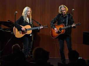 Patti Smith and Lenny Kaye perform at an event at the Brooklyn Public Library in New York, May 21, 2022.