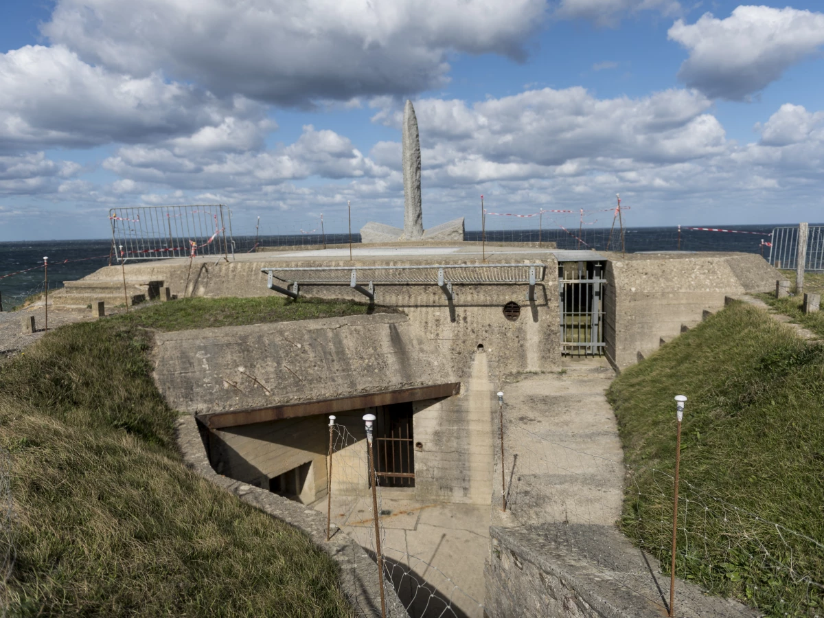 The monument at Pointe du Hoc, where U.S. Army Rangers scaled cliffs on D-Day to disable German artillery as troops landed on beaches below.