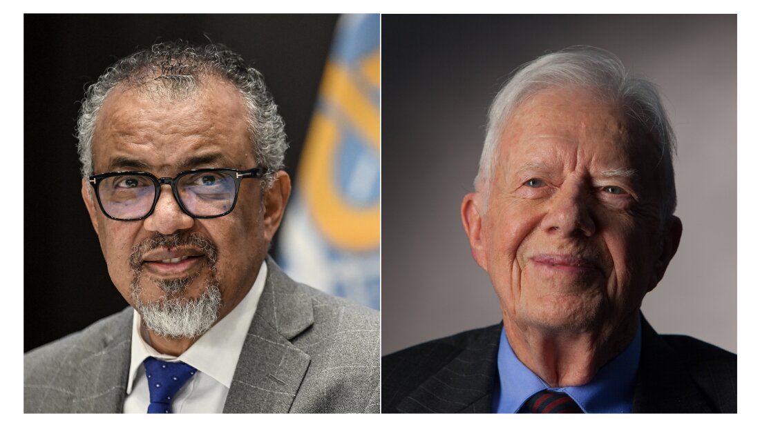 Left: WHO Director-General Tedros Adhanom Ghebreyesus looks on during a press conference with the Association of Accredited Correspondents at the United Nations (ACANU) at the World Health Organization's headquarters in Geneva, on December 10, 2024. Right: Former President Jimmy Carter interviewed for "The Presidents' Gatekeepers" project at the Carter Center, Atlanta, Georgia, September 14, 2011. 