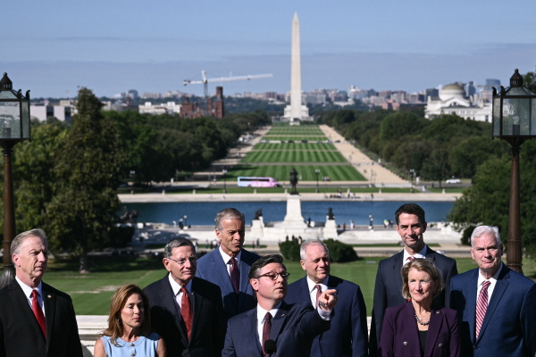 House Speaker Mike Johnson, R-La., and Senate Majority Leader John Thune, R-S.D., held a press conference outside the Capitol on Wednesday morning, the first day of a government shutdown.