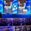 A video wall displays images of Benjamin Netanyahu with President Trump at a Likud party event before the release of the first exit poll results in Israel's general election, in Jerusalem, on Tuesday.