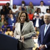 Vice President Harris speaks about prescription drug prices with President Biden on Aug. 15, 2024 in Largo, Md.