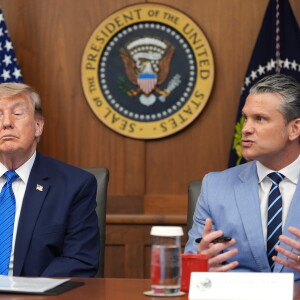 Defense Secretary Pete Hegseth speaks alongside President Donald Trump during a cabinet meeting, Friday, July 31, 2026, at Camp David, the presidential retreat, near Thurmont, Md., Friday, July 31, 2026. 