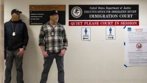 Cases in immigration courts nationwide can be appealed to the Board of Immigration Appeals. Here, federal agents stand outside an immigration court in New York on March 6, 2026.