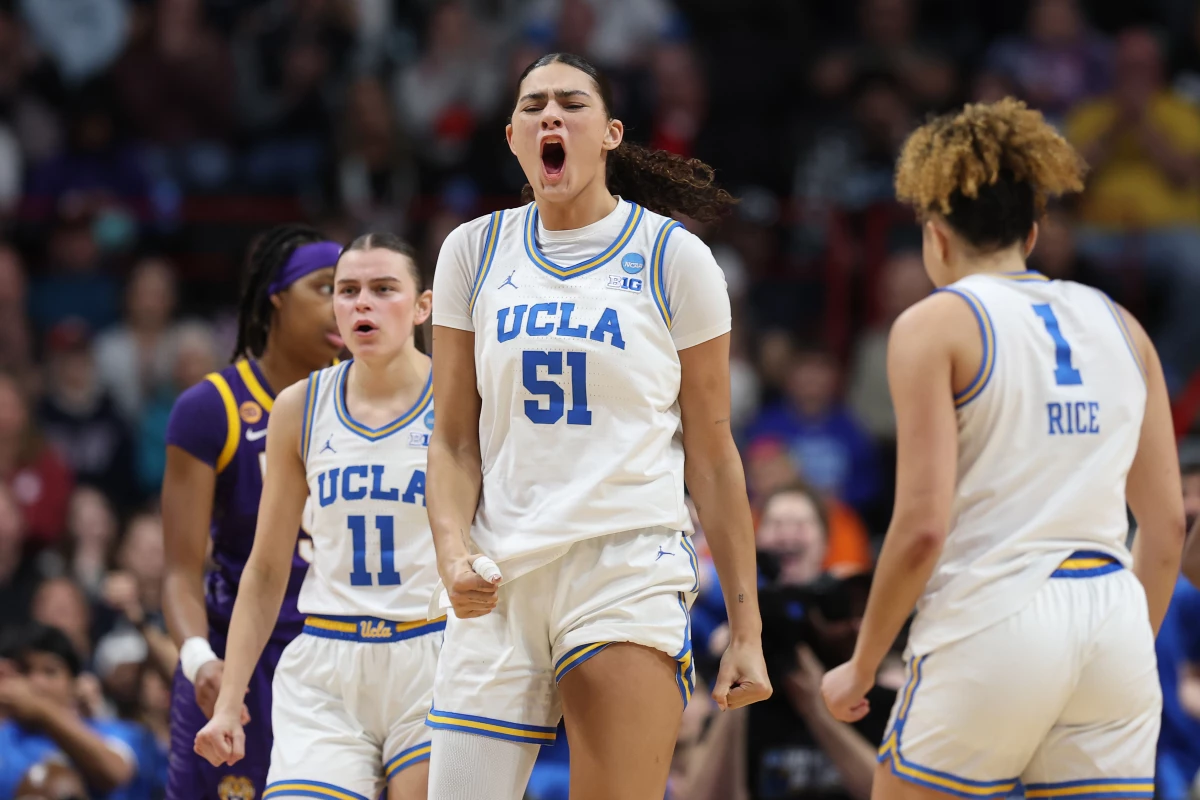 Lauren Betts (#51) reacts as her UCLA Bruins downed LSU to reach their first-ever Final Four. The 6-foot-7 junior is a tough matchup for any team and she's averaged 20 points and 9.6 rebounds per game this year.