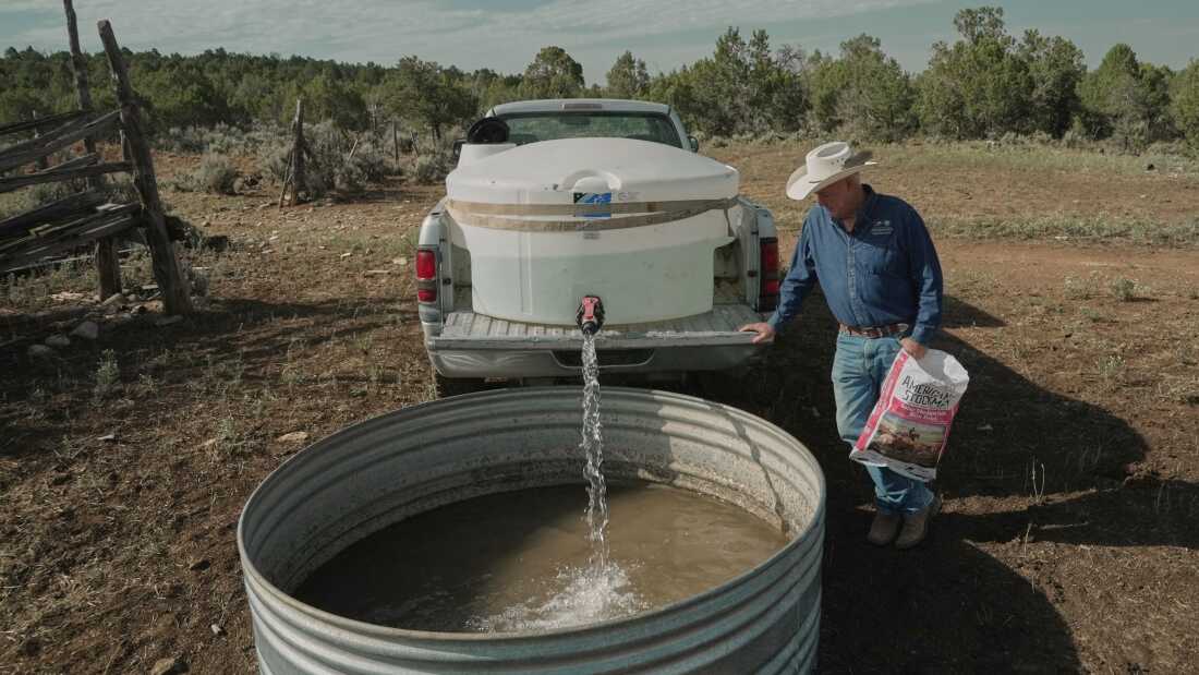 Mark Ragsdale refills a stock tank, July 17, 2026 in Redvale, Colo.