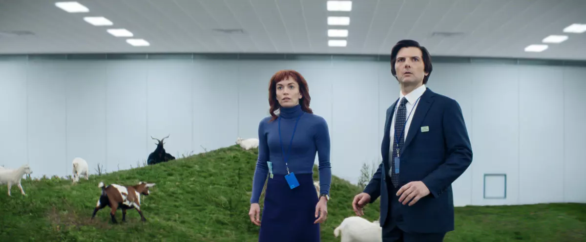 Britt Lower and Adam Scott in Severance. Both were nominated for Emmys Tuesday.