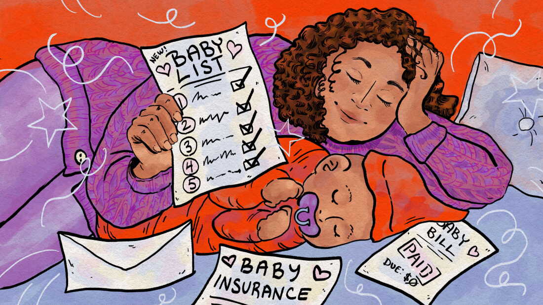 This illustration shows a mom lying on her side, with her baby lying in front of her. The mom is holding a paper that says "BABY LIST" at the top and has a numbered checklist on it. Lying around her are papers that say: "BABY INSURANCE" and "BABY BILL."