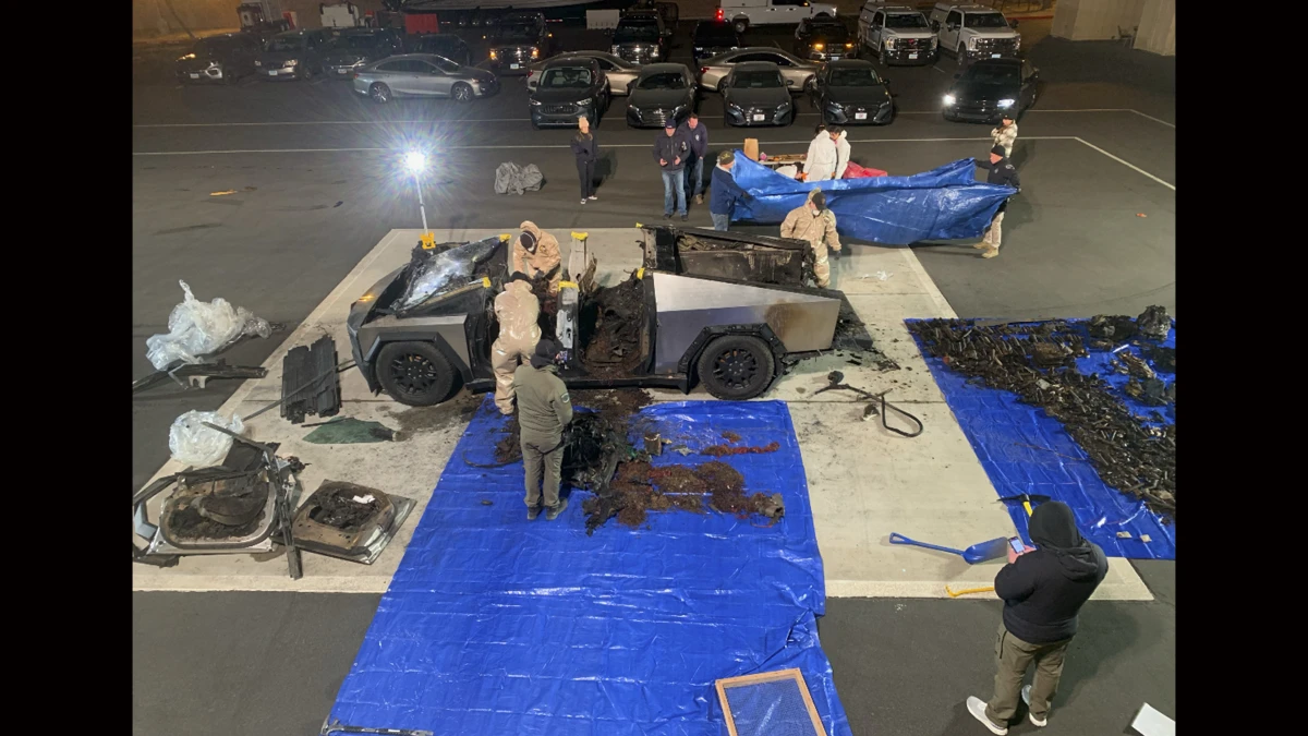 This undated photo, provided by the Las Vegas Police Department shows the Tesla Cybertruck involved in an explosion outside the Trump Hotel in Las Vegas.