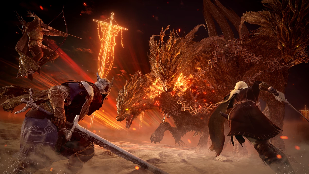 The 'Ironeye,' 'Wylder,' and 'Duchess' characters confront the game's first Cerberus-like Nightlord.