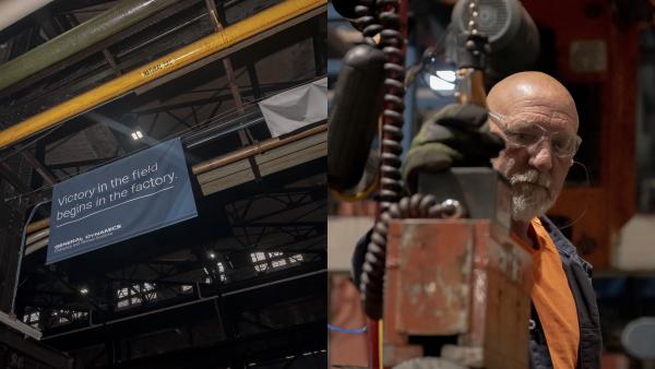A banner reading “Victory in the field bigins in the factory.” hangs at the Scranton Army Ammunition Plant; A Scranton Army Ammunition Plant employee works the [Billet Saw?].
