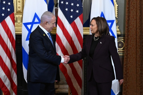 Vice President Kamala Harris and Israeli Prime Minister Benjamin Netanyahu shake hands before the start of a meeting in the vice president's ceremonial office in the Eisenhower Executive Office Building on July 25 in Washington.