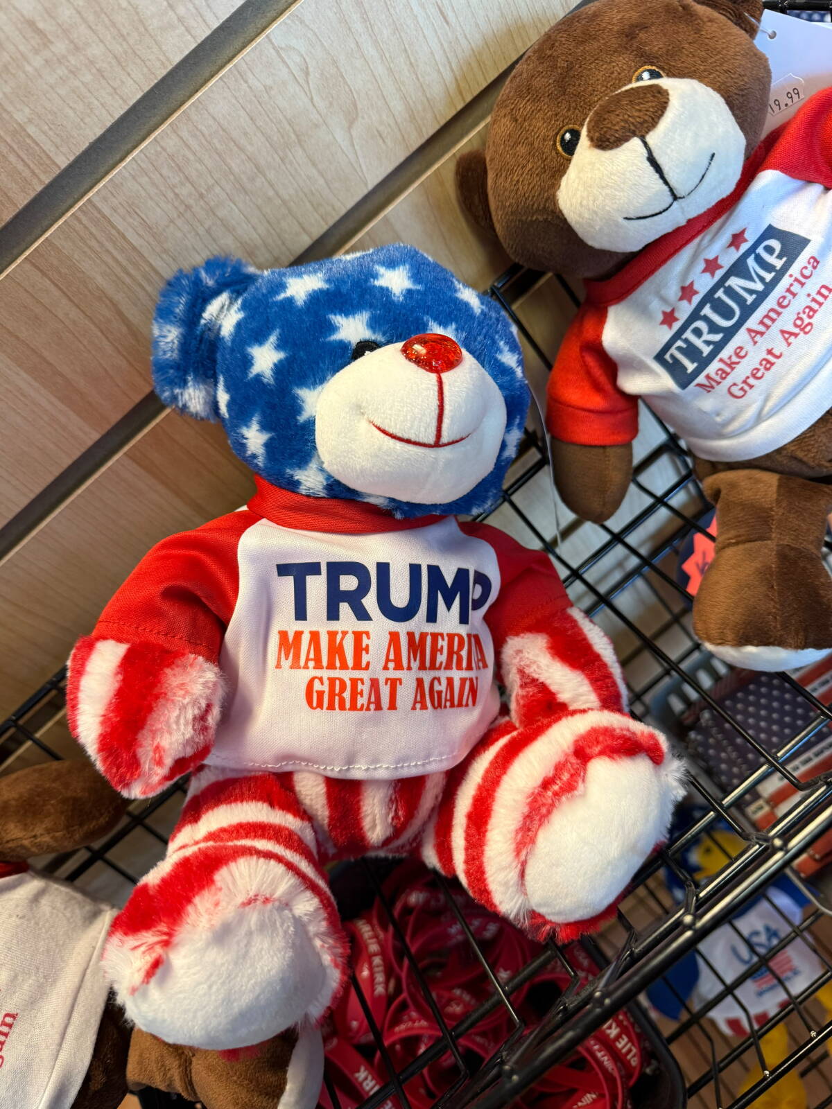 The Trump Store in Bensalem, Pa., sold a wide variety of products before it closed early this year. Items included an 'Alligator Alcatraz' T-shirt, 'Trump Won' caps and this patriotic Trump bear. The store continues to sell online.