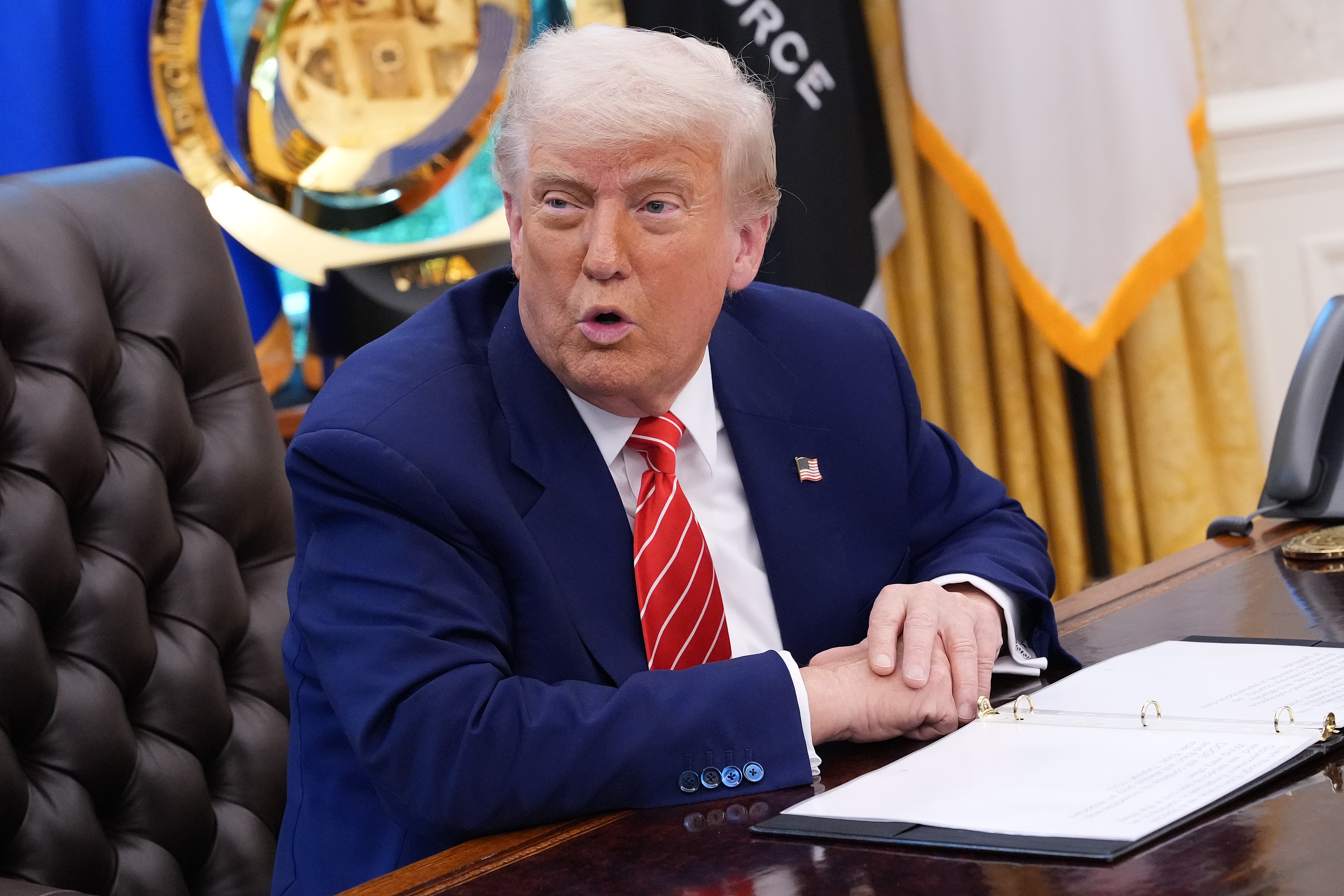 President Trump speaks to reporters in the Oval Office of the White House on May 30.