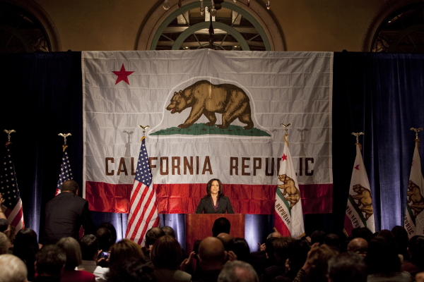 California Attorney General-elect Kamala Harris holds a press conference top discuss the hard fought Attorney General race. The vote tally took over a month to decide the outcome, with each side leading at various times. Harris finally won with approximately 50 thousand vote lead.
